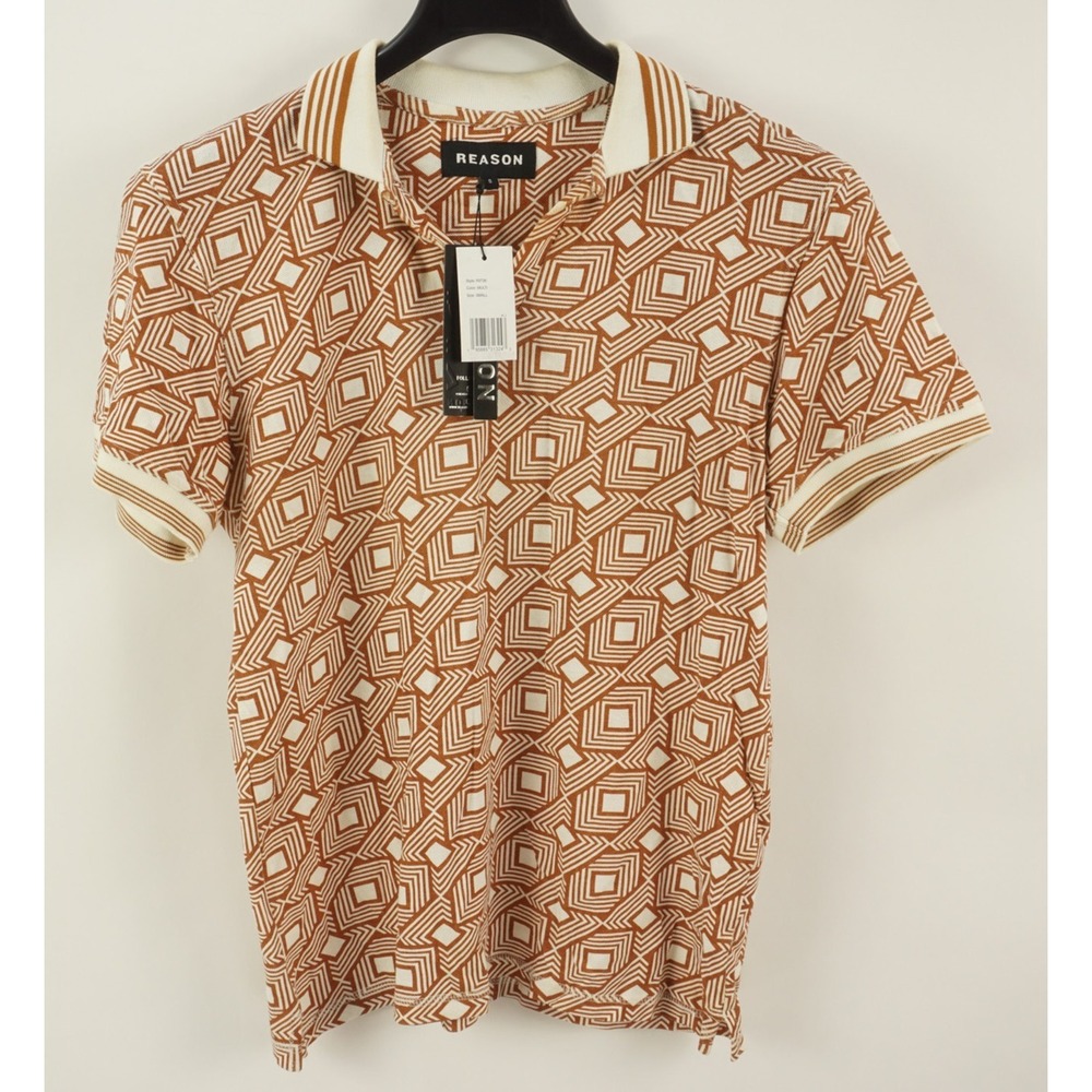 New Reason Retro Geometric Open Collar Beach Polo‎ Shirt Men's Large Brown White